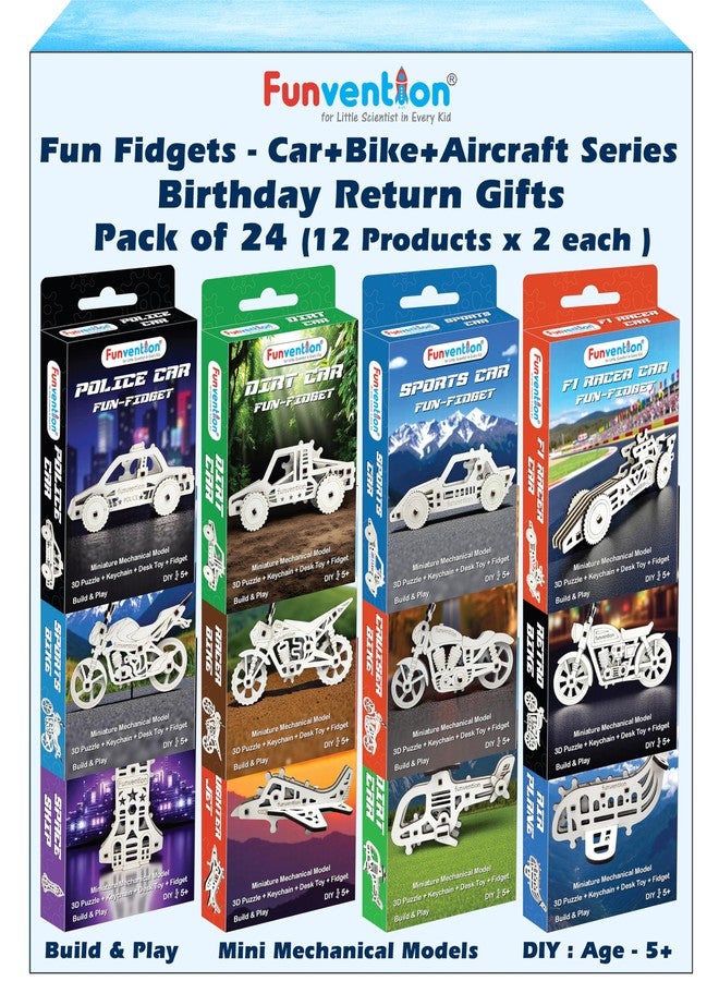 Funvention Birthday Return Gifts(Pack of 24)Fun Fidgets,Aircraft+Bike+Cars DIY Mini Mechanical Models 3D Puzzle Return Favours for Kids Birthday Party 5+ Years Made in India Toys Return Gift,Silver - Image 1